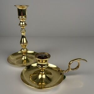 Pair Of Vintage Brass Candle Holder Chamber Stick w/ Finger Loop & Drip Tray